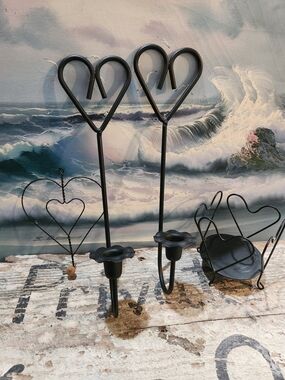 Black Heart-Shaped Metal Candle Holders & Tray Set